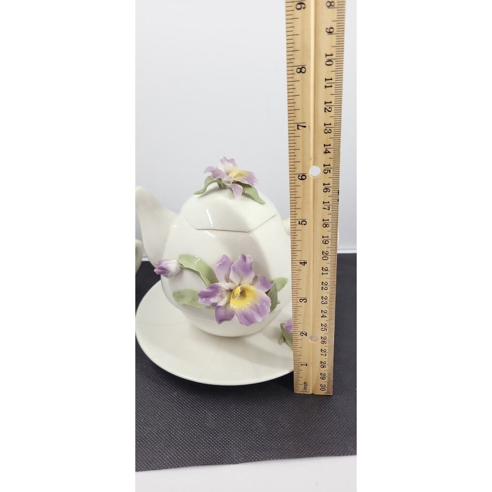 Porcelain Tea For One Set 3D Purple Iris Flowers Teapot Cup Saucer Floral - Picture 8 of 11